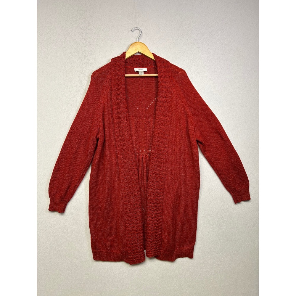 Grannycore CJ Banks Womens 2X Red Open Front Pointelle Longline Cardigan Sweater
